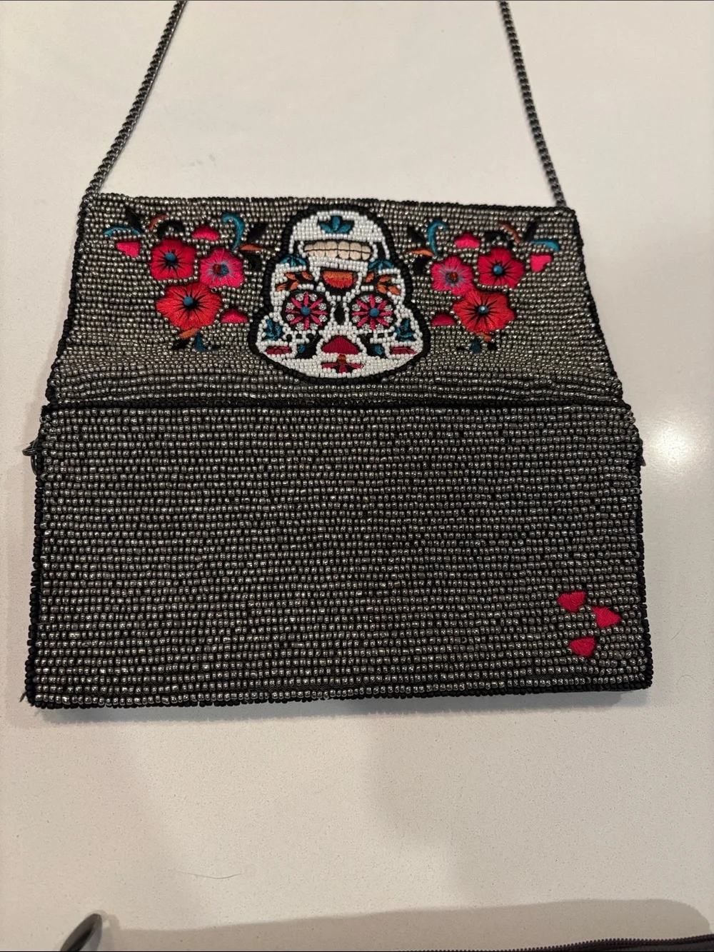 Mary Frances Beaded Sugar Skull Crossbody Clutch Black with Pink Floral Accents - Picture 9 of 9